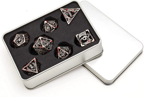 Hollow Metal DND Game Dice Dragon Shape Carved Ancient Bloodstain 7Pcs Set for Dungeons and Dragons RPG MTG Table Games D&D Pathfinder Shadowrun and Math Teaching (With Metal Case)
