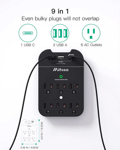 Wall Outlet Extender Surge Protector - 6 Outlet Wall Adapter with 3 USB Charging Ports (1 USB-C, 2 USB A), Multi Plug Outlets Wall Mount with Top Phone Holder for Home, Dorm Essentail, 490 Joules