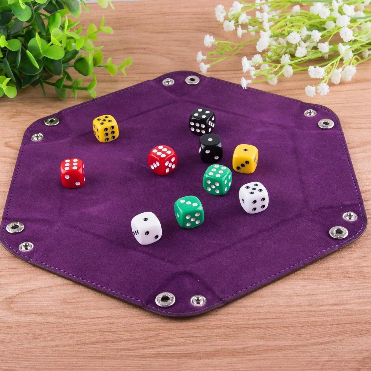 4 Pieces Dice Tray Set Foldable Dice Trays Hexagon Dice Rolling Tray PU Leather Dice Holder for Dice Games like RPG, DND and Other Table Games (Red, Black, Blue and Violet)