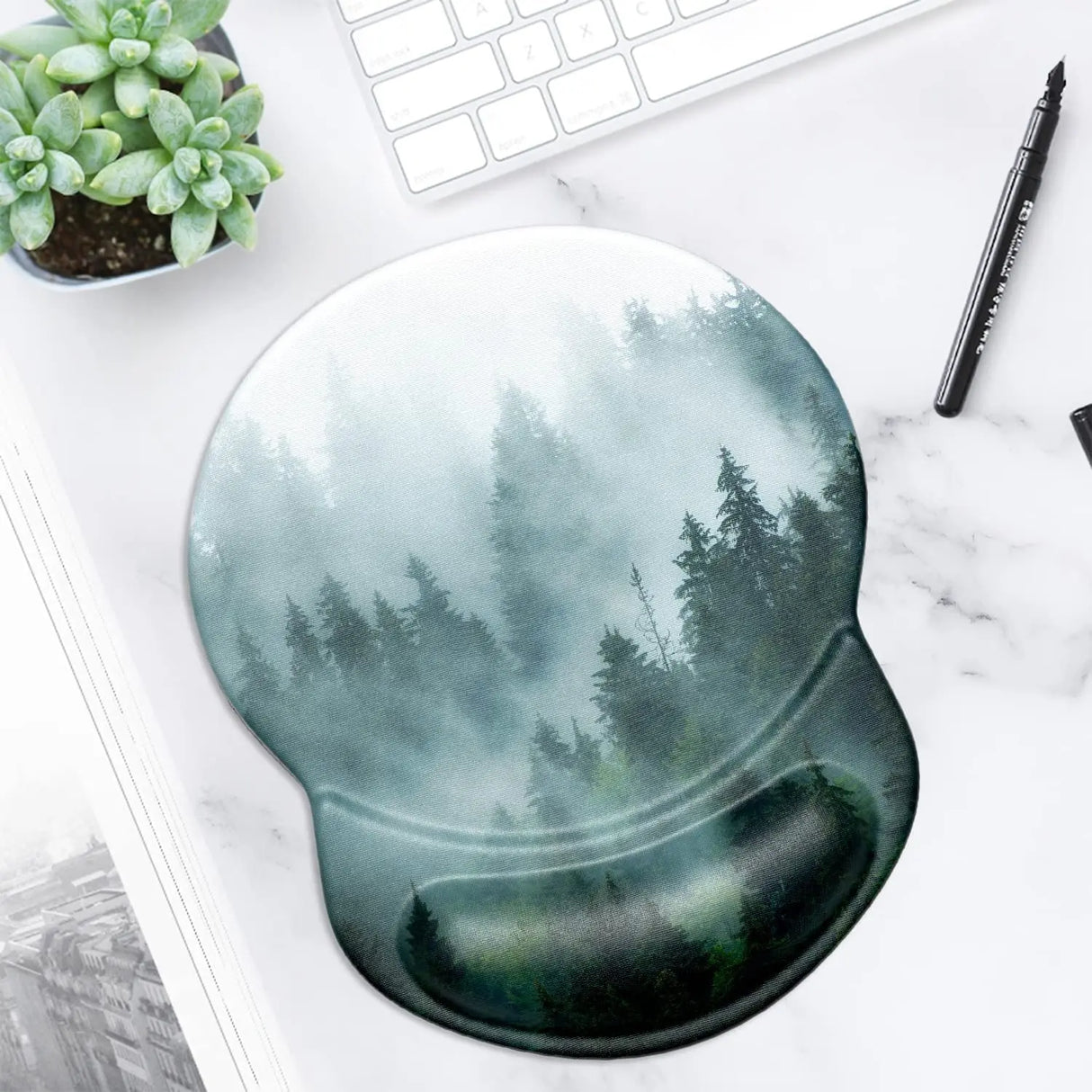 Mouse Pad, Ergonomic Mouse Pad with Gel Wrist Rest Support, Gaming Mouse Pad with Lycra Cloth, Non-Slip PU Base for Computer, Laptop, Home, Office & Travel,Fog Forest