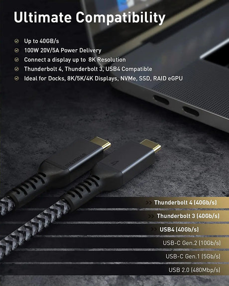[4Ft] Thunderbolt 4 Cable with 40Gbps Data Sync/ 100W Charging and 8K/5K@60Hz for Thunderbolt 4/3 Monitor, Docking Stations and More