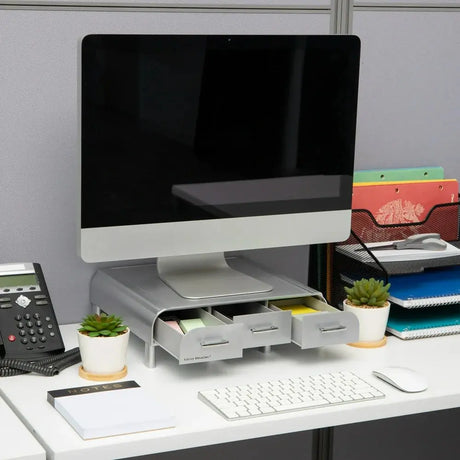 Plastic PC, Laptop Imac, Monitor Stand with Three Drawer Desk Organizer, Silver
