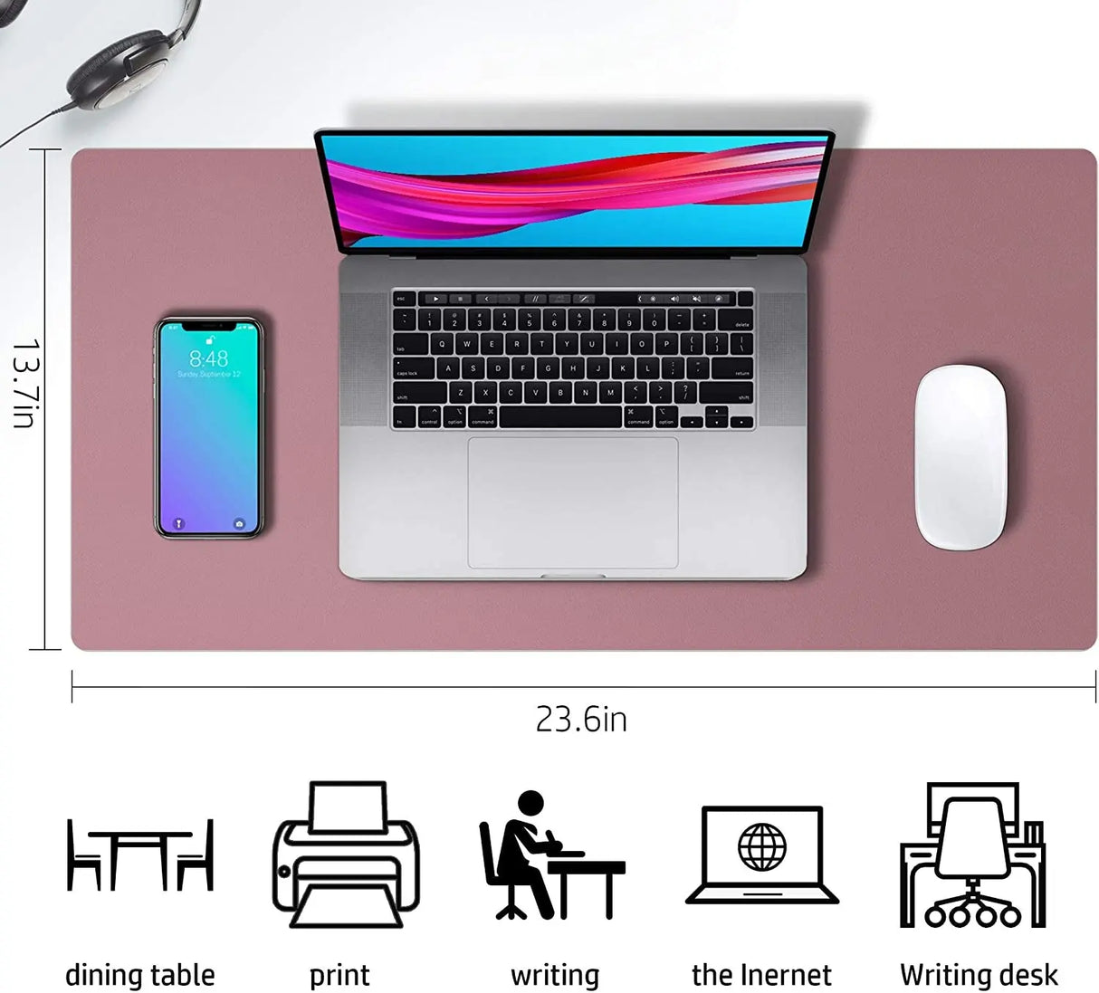 Leather Desk Pad Protector,Mouse Pad,Office Desk Mat,Non-Slip PU Leather Desk Blotter,Laptop Desk Pad,Waterproof Desk Writing Pad for Office and Home (Dark Pink, 23.6" X 13.7")