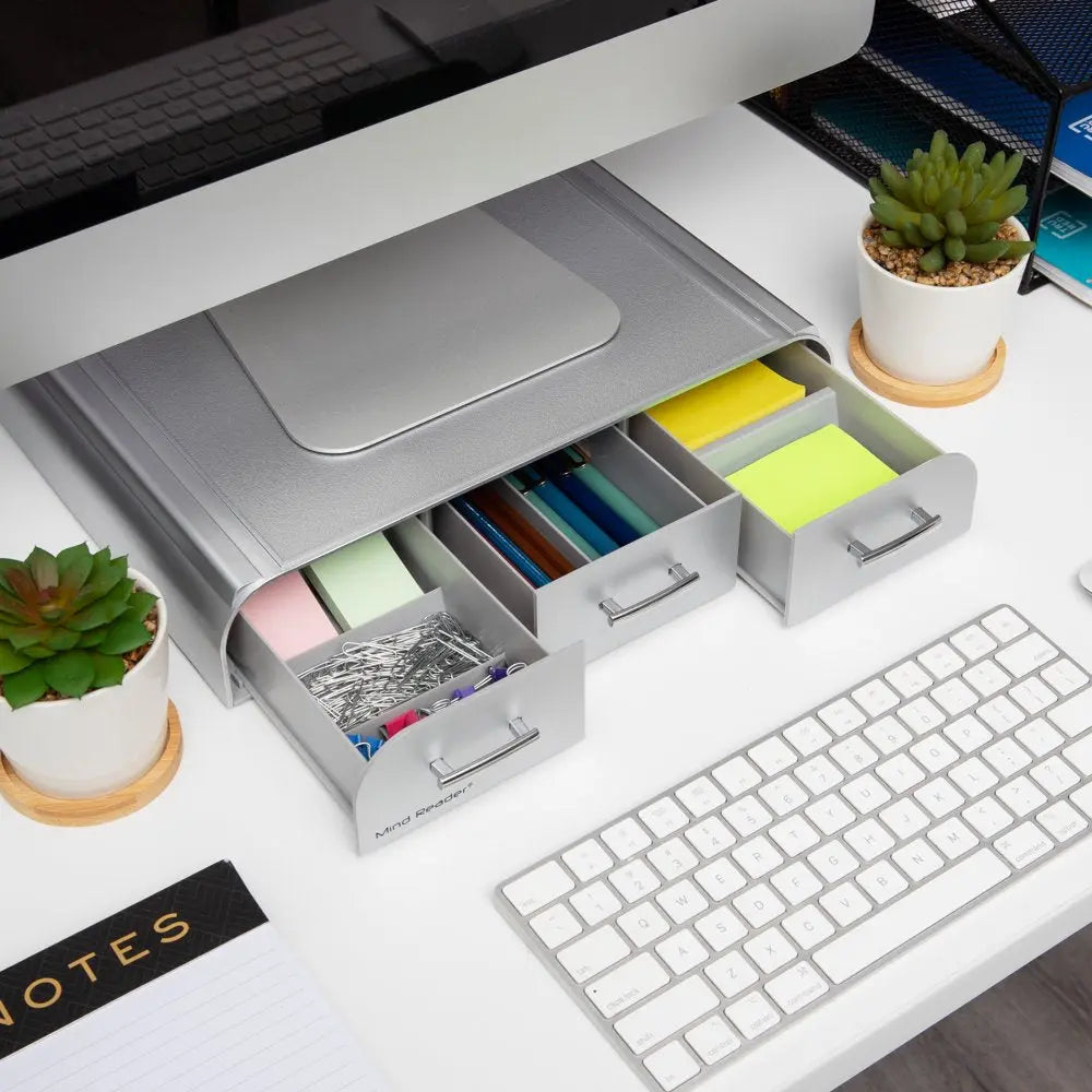 Plastic PC, Laptop Imac, Monitor Stand with Three Drawer Desk Organizer, Silver