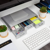 Plastic PC, Laptop Imac, Monitor Stand with Three Drawer Desk Organizer, Silver