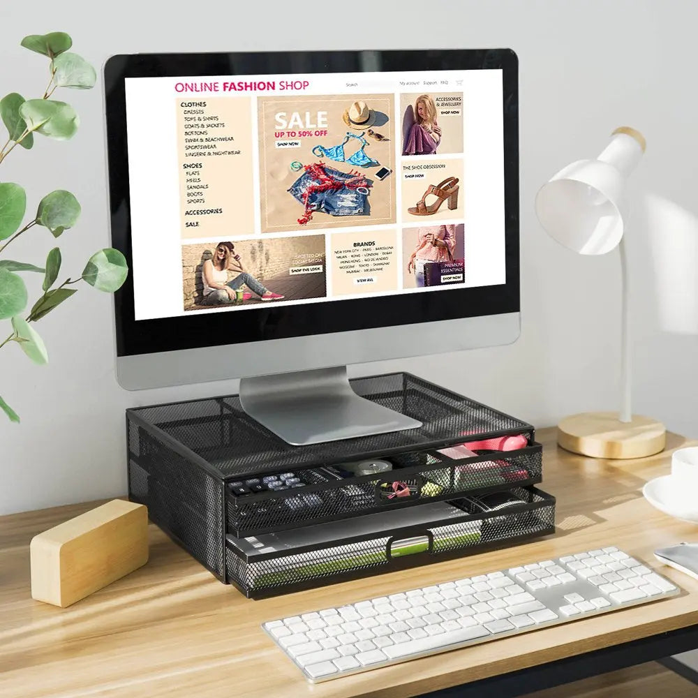 Monitor Riser Stand with Drawer Mesh Metal Desk Organizer for PC, Laptop, Hold up to 33Lbs