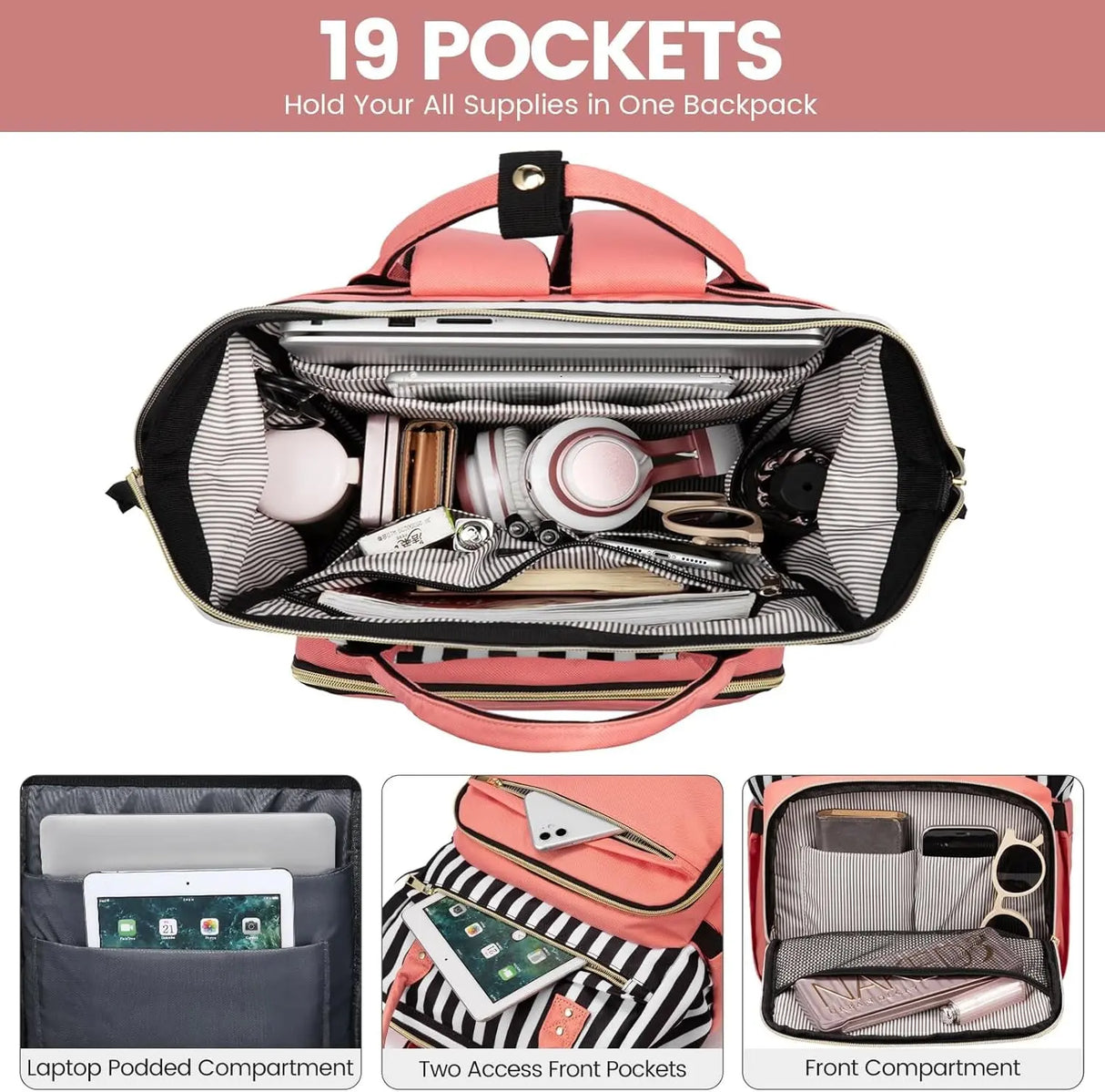 Laptop Backpack for Women,15.6 Inch Professional Womens Travel Backpack Purse Computer Laptop Bag Nurse Teacher Backpack,Waterproof Work Bags Carry on Back Pack with USB Port,Stripe Pink