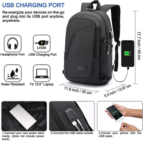 Travel Laptop Backpack,Anti Theft Business Slim Backpack with USB Charging Port Lock,Durable Water Resistant Work Computer Bag for Men College Bookbags Fits 15.6 Inch Notebook,Black