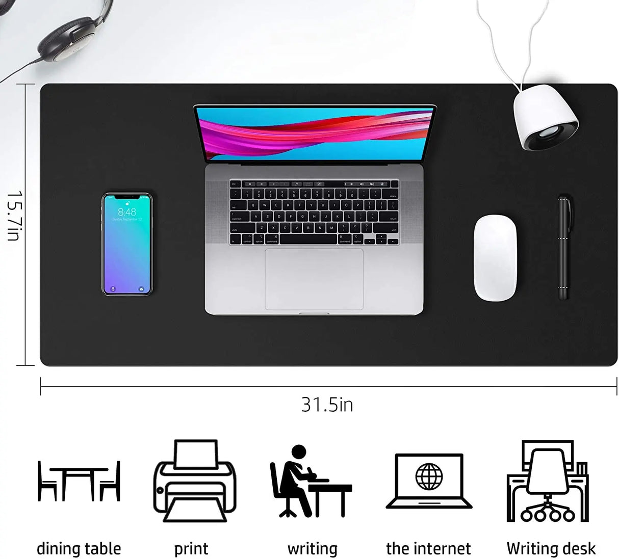Leather Desk Pad Protector,Mouse Pad,Office Desk Mat, Non-Slip PU Leather Desk Blotter,Laptop Desk Pad,Waterproof Desk Writing Pad for Office and Home (Black,31.5" X 15.7")