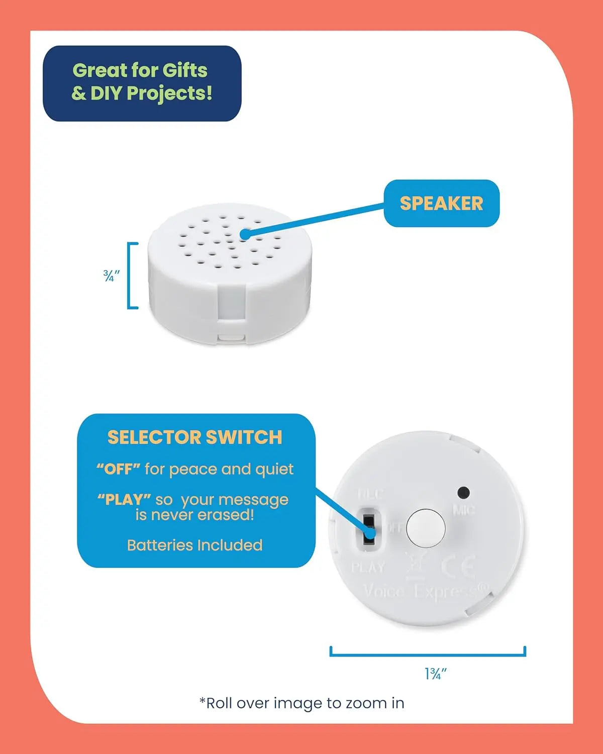 20-Seconds Multi-Message Voice Recorder - Audio Recorder for Plush & Stuffed Toys – Digital Voice Recorder with Playback – Kids Customizable Mini Voice Recorder - Battery Included – 1 Pack