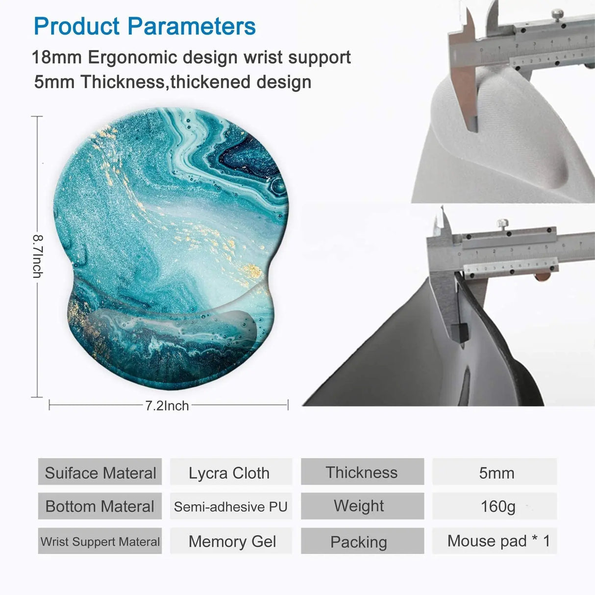 Mouse Pad, Ergonomic Mouse Pad with Gel Wrist Rest Support, Gaming Mouse Pad with Lycra Cloth, Non-Slip PU Base for Computer, Laptop, Home, Office & Travel, Blue Marble Gold