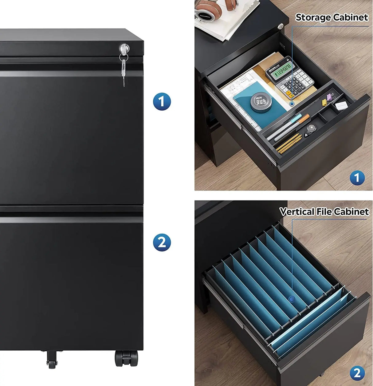 2-Drawer Mobile File Cabinet with Lock, Vertical Filing Cabinet, Black