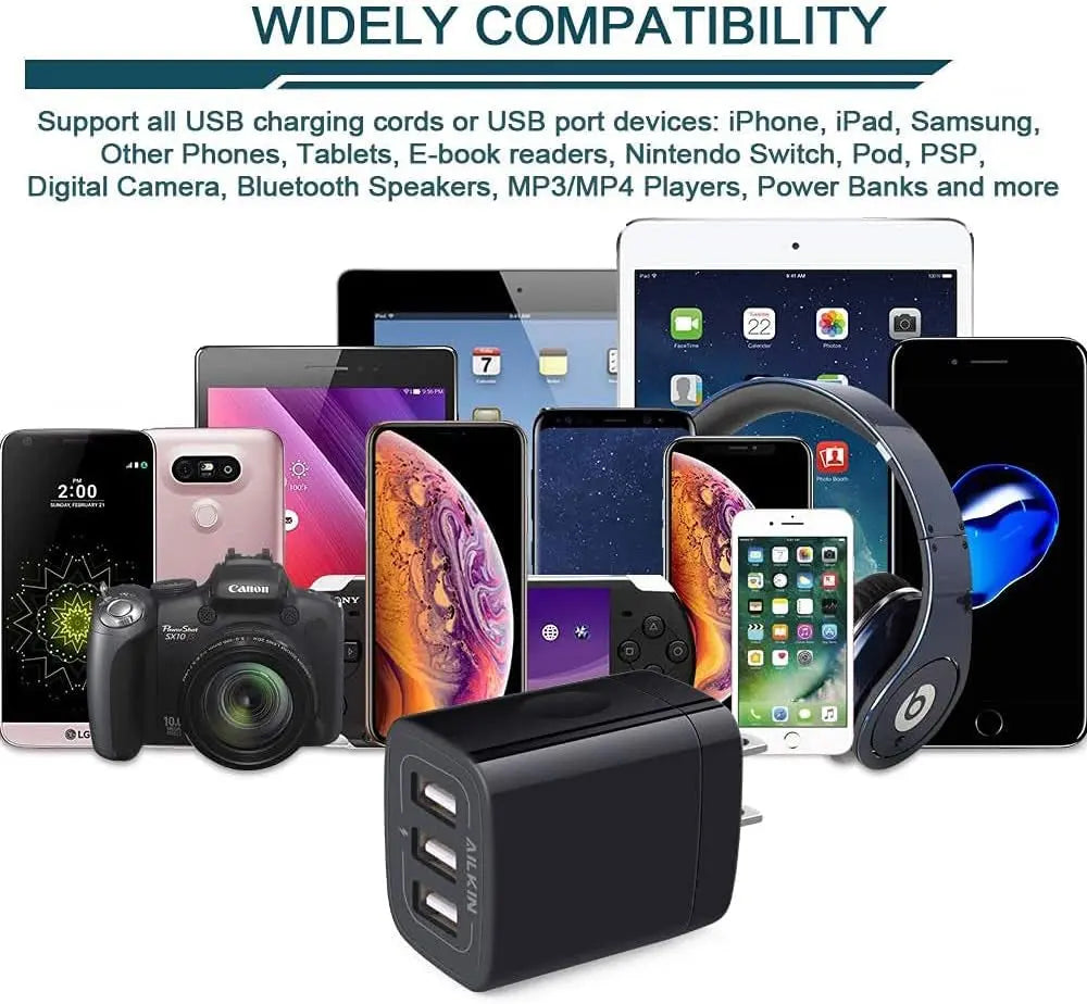 3 USB Wall Charger, Triple Charger Adapter, Fast Charging Block Home Charger Station Block Cube Plug for Iphone, Samsung Galaxy, LG, Motorola, Google Pixel, Oneplus, Base Box Cagardor Para