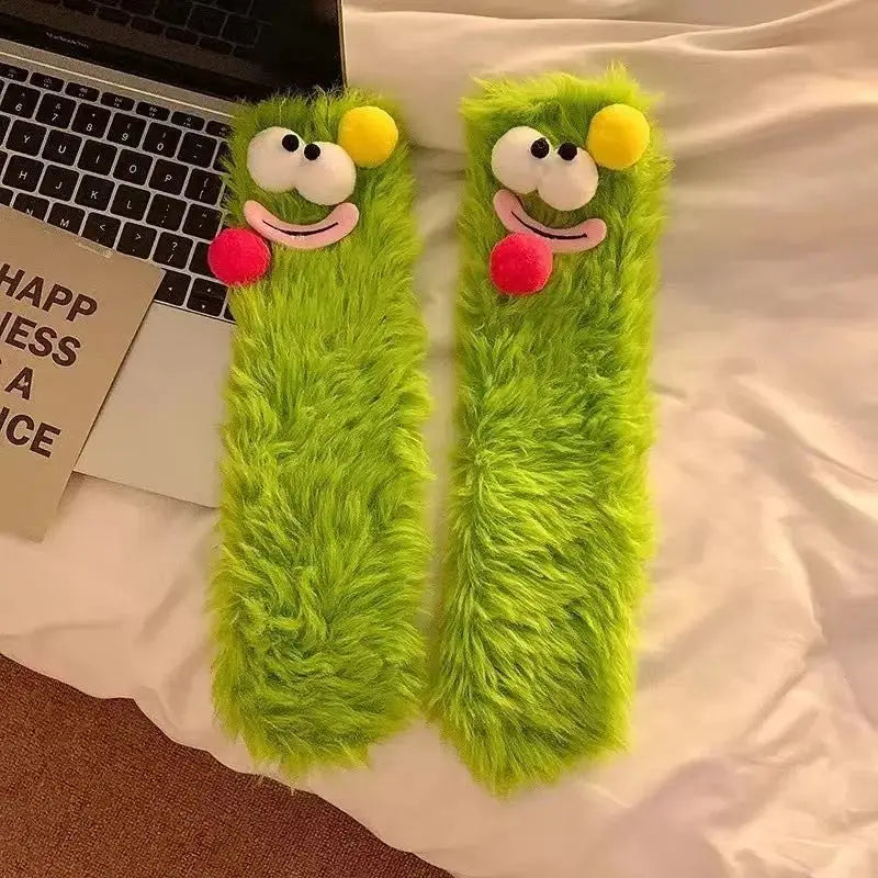 1Pair Ugly and Cute Funny Mink Fleece Floor Socks Thickened and Warm Autumn and Winter Cartoon Medium Sleeve Home Socks Big Eye