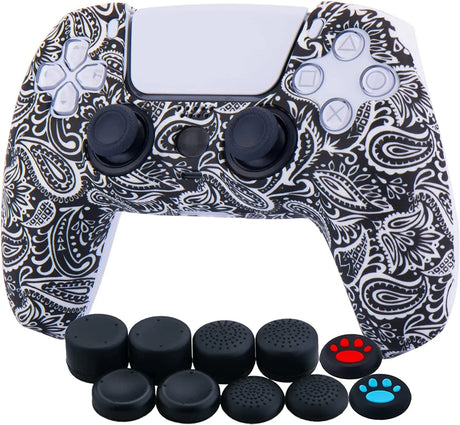 Water Transfer Printing Silicone Thickened Cover Skin Case for PS5 Dualsense Controller X 1(Leaves Red) with Thumb Grips X 10