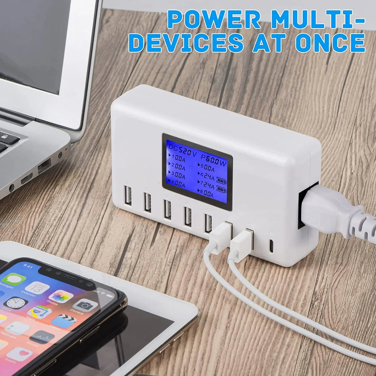 USB Charger,  60W 12A 8-Port USB Charging Station Multi Port USB Hub Charger Compact Size LCD Display Compatible with Iphone Ipad Samsung Kindle Tablet Bluetooth Earbuds and More