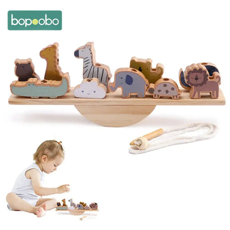 Baby Animal Threading Seesaw Toys Wooden Stacking Toys Blocks Game Montessori Hands-On Balance Ability Educational Children Gift