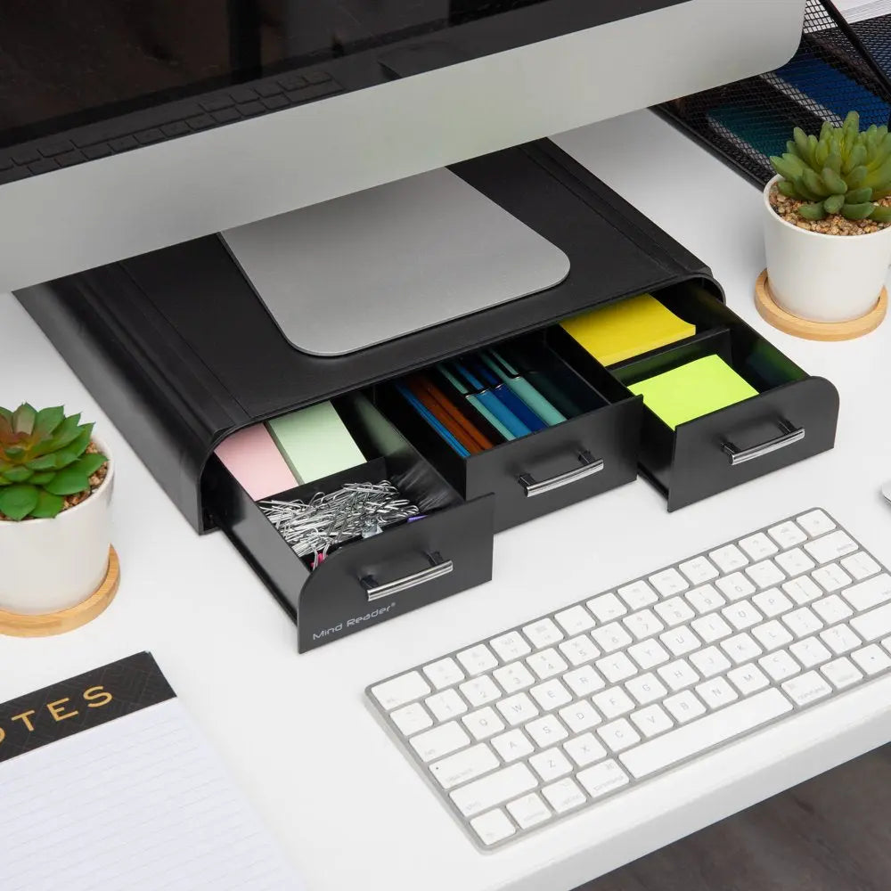 Plastic PC, Laptop Imac, Monitor Stand with Three Drawer Desk Organizer, Silver