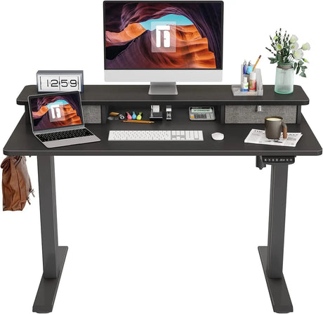 48 X 24 Inch Height Adjustable Electric Standing Desk with Double Drawer, Stand up Desk with Storage Shelf, Sit Stand Desk, Black