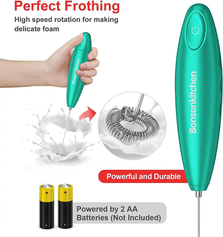 Handheld Milk Frother, Electric Hand Foamer Blender for Drink Mixer, Perfect for Bulletproof Coffee, Matcha, Hot Chocolate, Mini Battery Operated Milk Whisk Frother-Seafoam