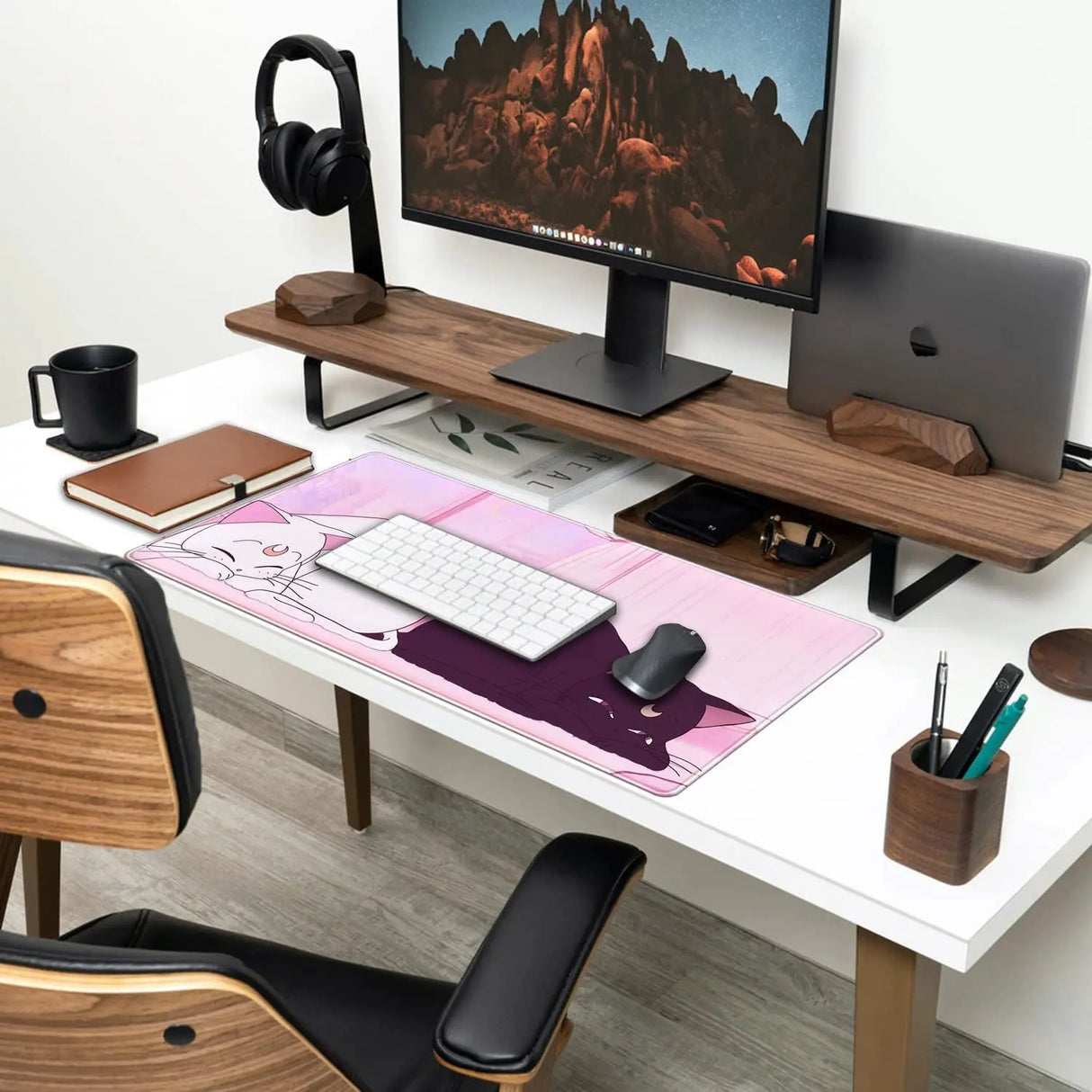 Desk Pad Pink Anime White Cat Black Cat Gaming Mouse Pad Large, Office Decor Exclusive Beautiful Girls Non-Slip Rubber Computer Mat for Women Desktop with Stitched Edges 31.5X15.7 In