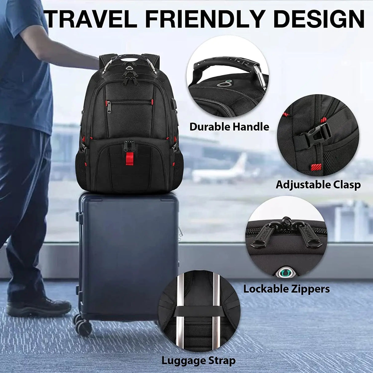 Travel Backpack, Extra Large 50L Laptop Backpacks for Men Women, Water Resistant College Backpacks Airline Approved Business Work Bag with USB Charging Port Fits 17 Inch Computer, Black