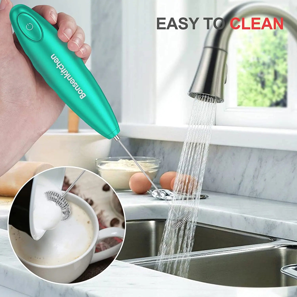Handheld Milk Frother, Electric Hand Foamer Blender for Drink Mixer, Perfect for Bulletproof Coffee, Matcha, Hot Chocolate, Mini Battery Operated Milk Whisk Frother-Seafoam