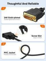 10Ft HDMI to DVI Cable - Bi-Directional 1080P HD Video Adapter Cable with 24+1 DVI-D Male Connector for PC, Laptop, TV, Projector