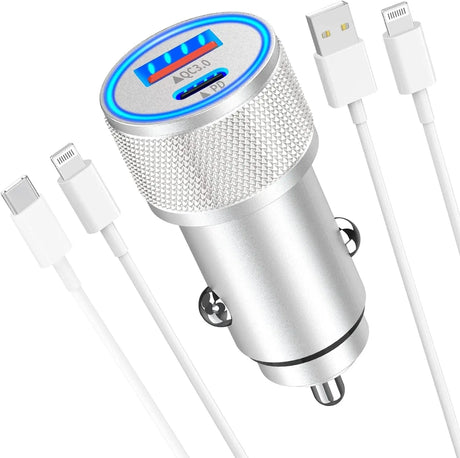 [Apple Mfi Certified] Iphone Fast Car Charger,  48W Dual Port USB C Power Delivery All Metal Car Adapter with 2 Pack Lightning Cable, PD/QC 3.0 Type C Rapid Car Charging for Iphone/Ipad/Airpods