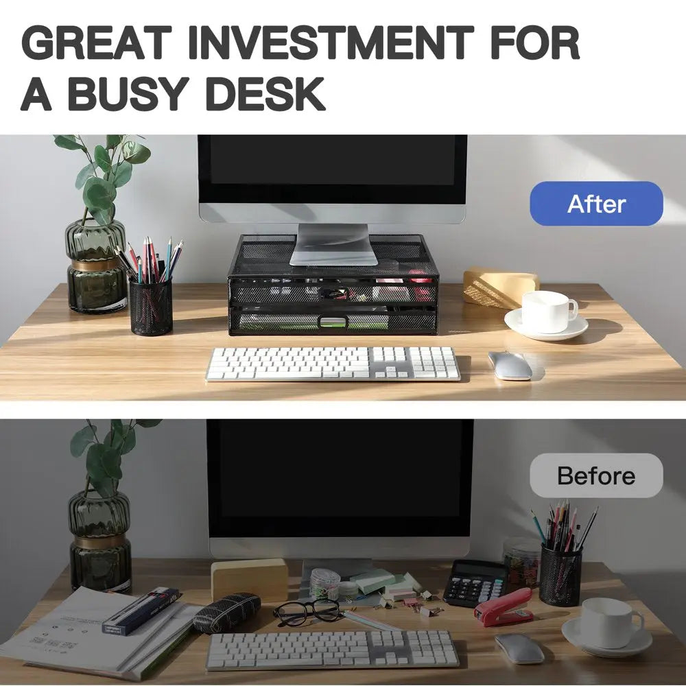 Monitor Riser Stand with Drawer Mesh Metal Desk Organizer for PC, Laptop, Hold up to 33Lbs