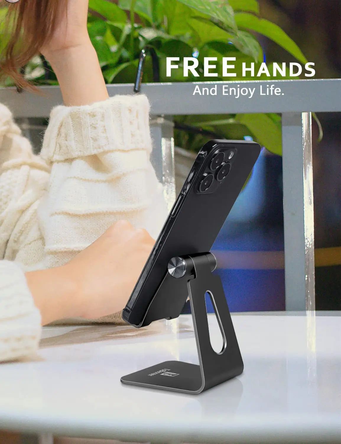 Adjustable Cell Phone Stand Desktop Phone Holder, Aluminum Desk Stand Cradle Dock for Iphone 13 12 Mini 11 Xr Xs Max 8 7 6 6S plus Samsung Huawei All Smartphones (Black)