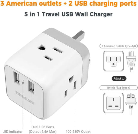 US to UK Plug Adapter, Type G UK Travel Plug Adapter, Ireland Scotland Dubai Power Adapter with 3 Outlets and 2 USB Ports, USA to England London British Qatar Kenya Outlet Converter