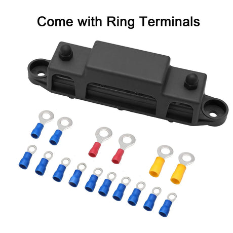Bus Bar -3X1/4” Post, 10X#8 Screw Terminal Power Distribution Block with Ring Terminals（Single-Black）