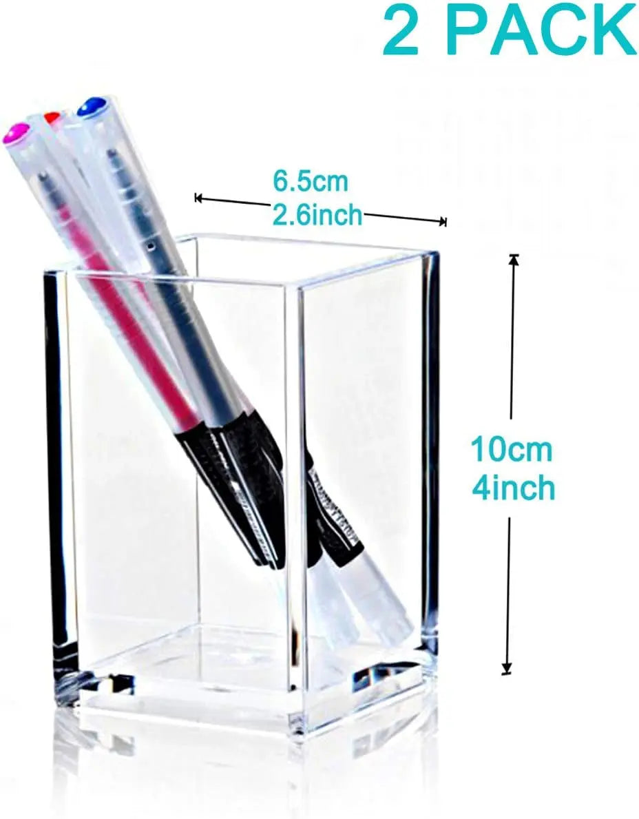 2 Pack Clear Acrylic Pencil Pen Holder Cup,Desk Accessories Holder,Makeup Brush Storage Organizer,Modern Design Desktop Stationery Organizer for Office School Home Supplies,2.6X 2.6X 4 Inches