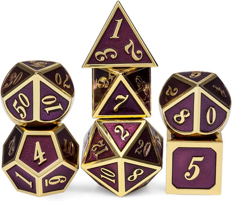 Table Game Metal Dice Set, 7PCS D&D Metal Die with Metal Gift Box for Tabletop Games Dungeons and Dragons Dice (Dark Purple and Gold Number)