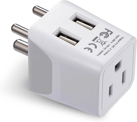 India, Nepal, Bangladesh Travel Adapter Plug with Dual USB - Type D - Usa Input - Ultra Compact - Safe Grounded Perfect for Cell Phones, Laptops, Camera (CTU-10)