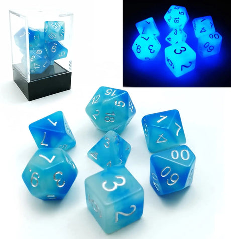 Bescon Gemini Glowing Polyhedral Dice 7Pcs Set ICY Rocks, Luminous RPG Dice Set D4 D6 D8 D10 D12 D20 D%, Brick Box Packaging