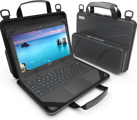 11-11.6 Inch Chromebook Case Protective Laptop Hard Cover Sleeve, Always-On Work in Case Pouch Handle Shoulder Strap (Black PU)