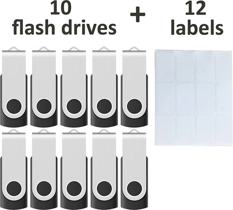 10-Pack  16GB USB 2.0 Flash Memory Stick Swivel Thumb Drives for Universal Data Storage at Home & the Office (Black)