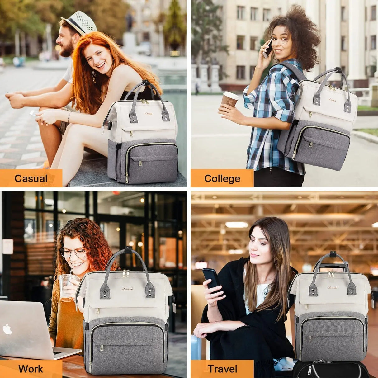 Laptop Backpack for Women Fashion Business Computer Backpacks Travel Bags Purse Doctor Nurse Work Backpack with USB Port, Fits 17-Inch Laptop Beige Grey
