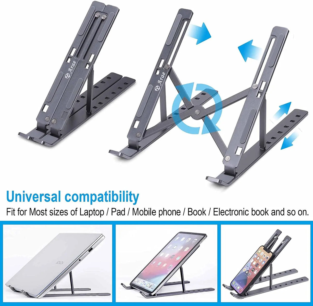 Laptop Stand for Desk, Adjustable Ergonomic Portable Aluminum Holder, Foldable for Computer, 7 Angles Anti-Slip Riser Compatible with 9-15.6 Inch Laptops, Gray
