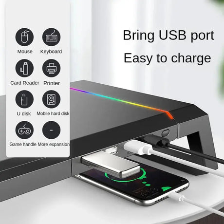 RGB Gaming Computer Monitor Stand, Riser with 4 USB, Foldable Monitor Riser, Storage Drawer and Phone Holder for PC and Laptop