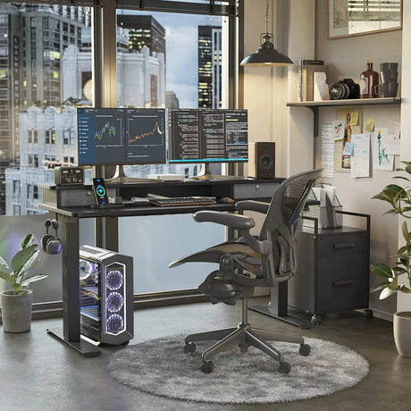 60 X 24 Inch Height Adjustable Electric Standing Desk with Double Drawer, Stand up Desk with Storage Shelf, Sit Stand Desk, Black