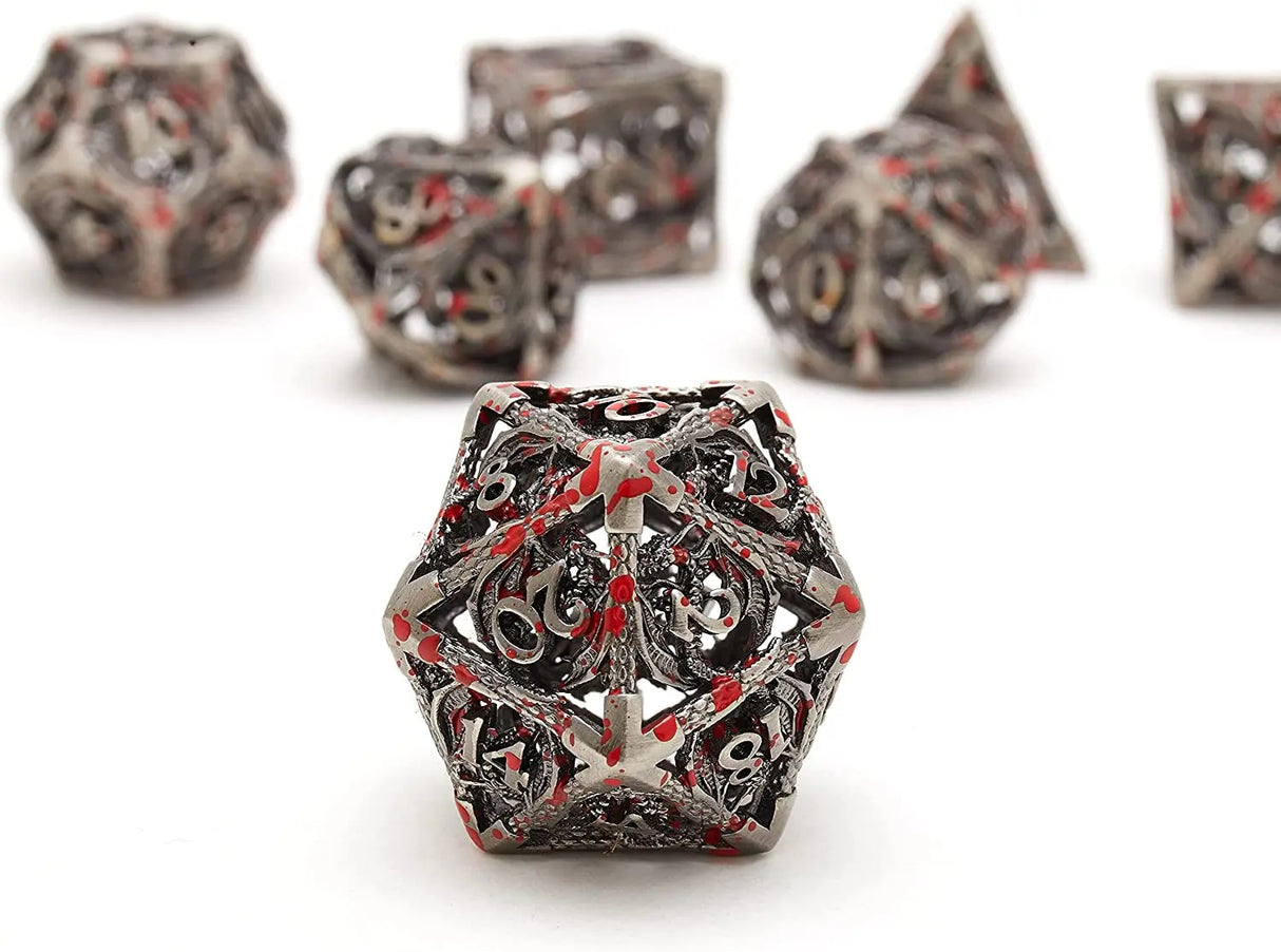 Hollow Metal DND Game Dice Dragon Shape Carved Ancient Bloodstain 7Pcs Set for Dungeons and Dragons RPG MTG Table Games D&D Pathfinder Shadowrun and Math Teaching (With Metal Case)