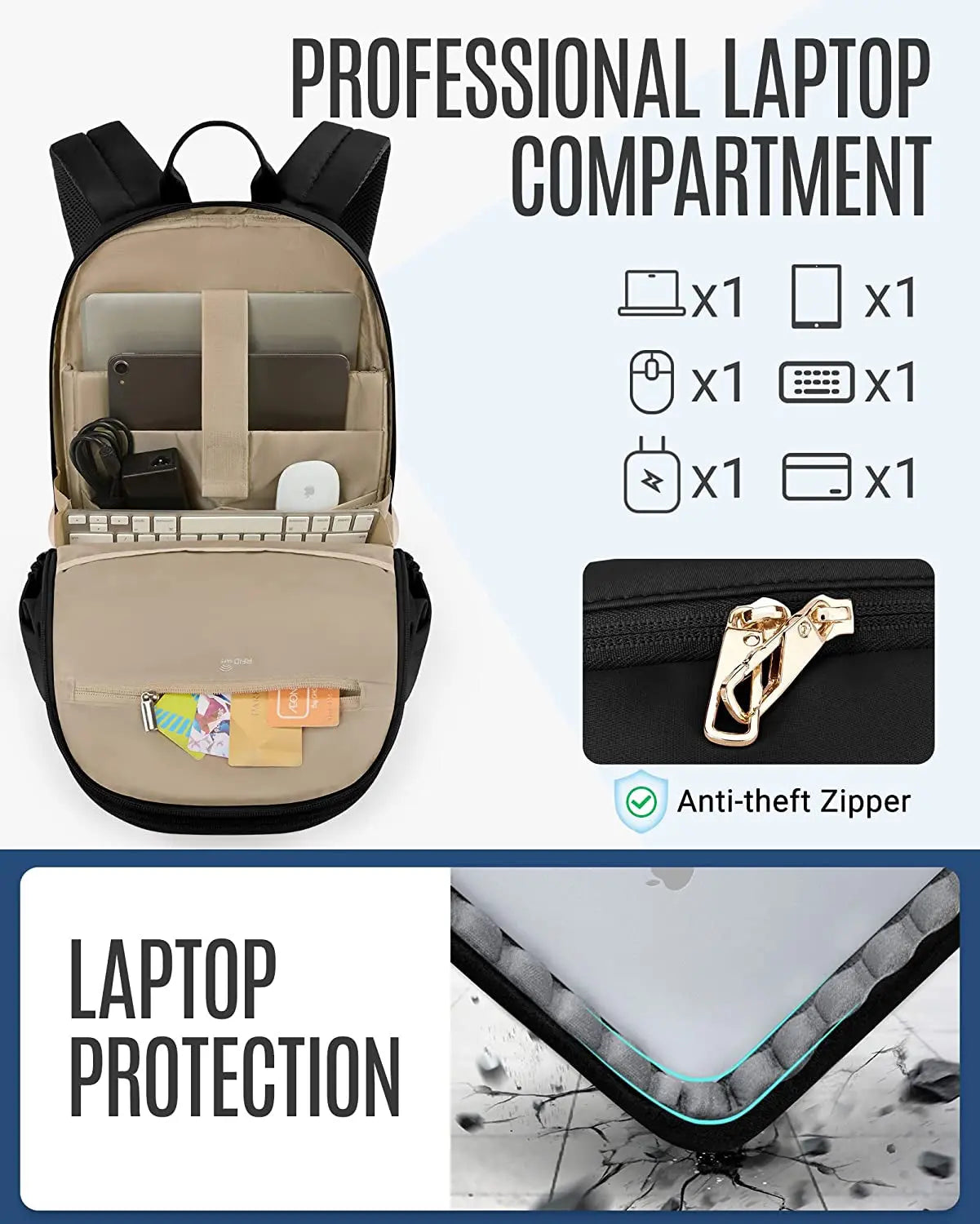Travel Backpack for Women, 15.6 Inch anti Theft Laptop Backpack with USB Charging Hole, Water Resistant College Bookbag, Large Capacity Black Computer Backpacks for Work, Black