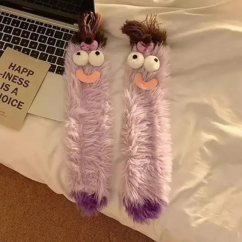 1Pair Ugly and Cute Funny Mink Fleece Floor Socks Thickened and Warm Autumn and Winter Cartoon Medium Sleeve Home Socks Big Eye