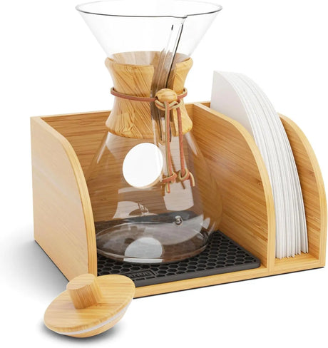 – Caddy and Lid for Pour over Coffee Makers, Bamboo Stand Fits Chemex, Bodum, Cosori Carafes, Heatproof Mat, Filter Holder for Coffee Brewing - Black