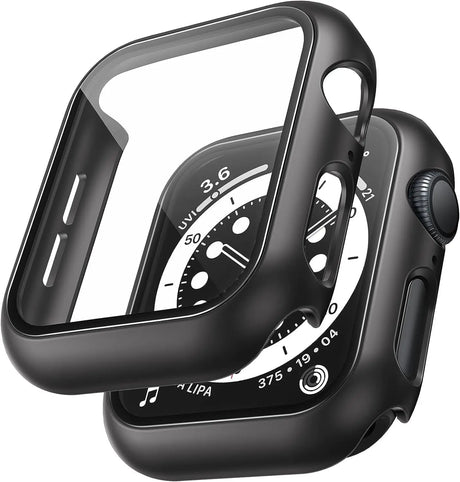 2 Pack Hard Case Designed for Apple Watch Series SE 6 5 4 44Mm [Full Protection], with 9H Tempered Glass Screen Protector [Touch Sensitive] Slim Bumper Protective Cover 44Mm, Black
