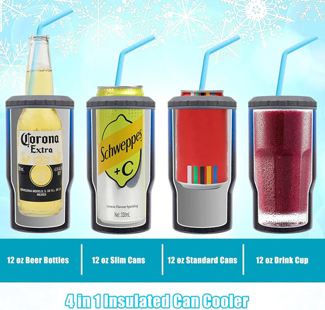 4 in 1 Can Cooler Water Bottle, 12Oz Stainless Steel Beer Bottle with Straw Fits Slim Skinny Bottle & Can, Non-Slip | Indigo Crush