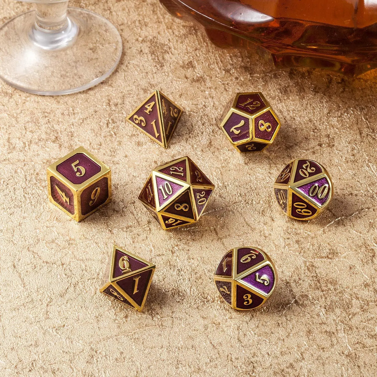 Table Game Metal Dice Set, 7PCS D&D Metal Die with Metal Gift Box for Tabletop Games Dungeons and Dragons Dice (Dark Purple and Gold Number)